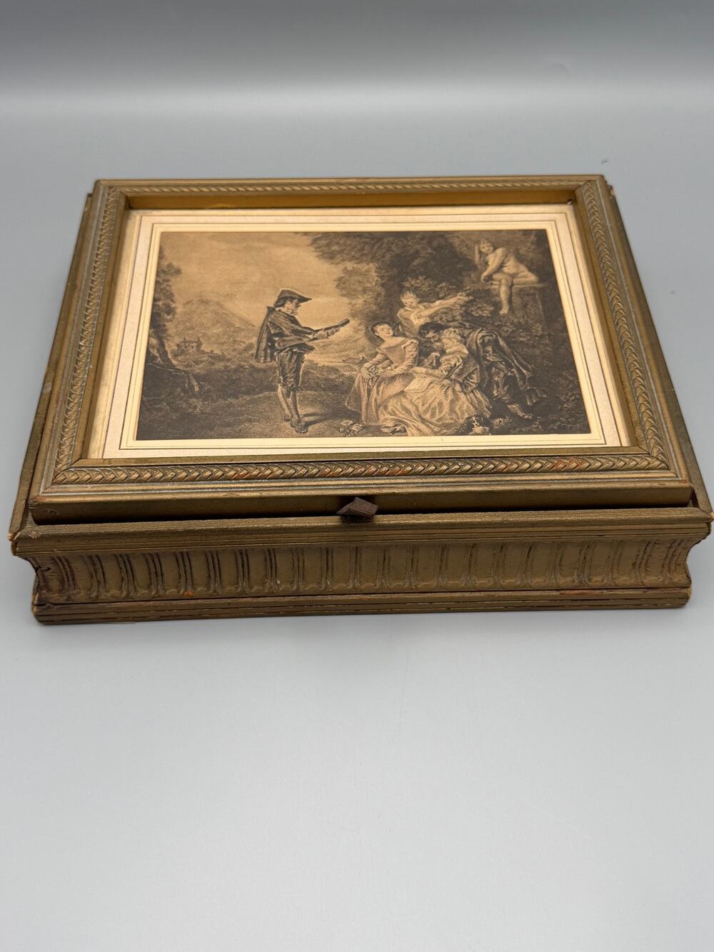 Gilt Wood Mirrored Jewelry Box Framed Pastoral Art Divided Vanity Keepsake